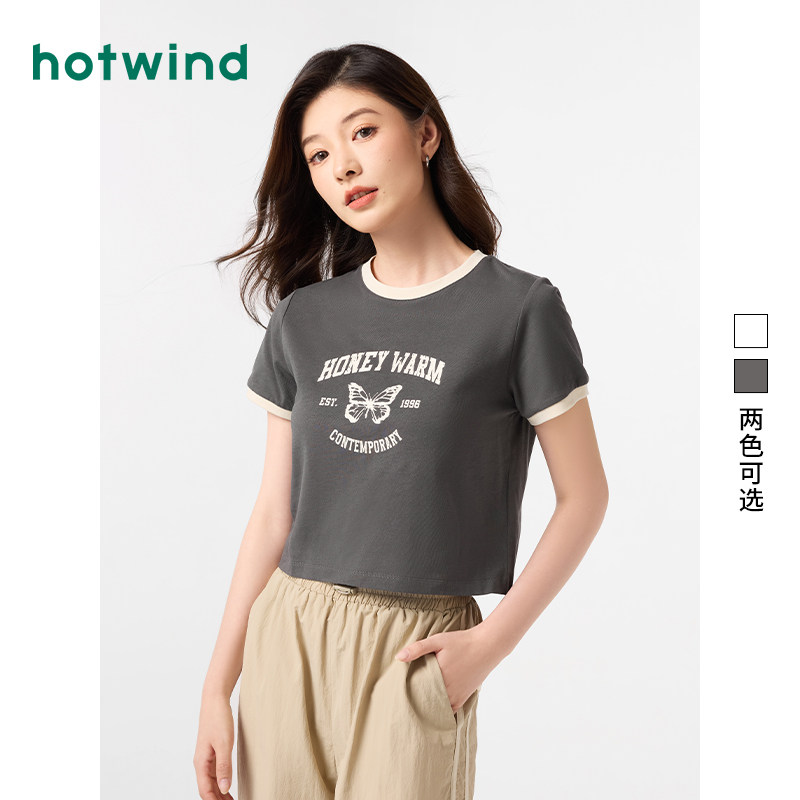 热风T恤2025年夏季新款女士插肩袖印花T恤时尚休闲百搭短袖上衣