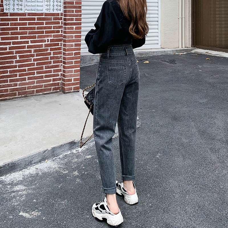 哈伦牛仔裤女宽松直筒2021年新款秋装大码胖mm高腰显瘦萝卜老爹裤