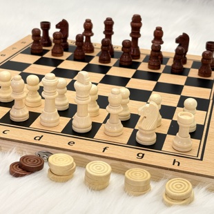 高档便携全实木国际象棋棋盘学生比赛盒装三合一双皇后跳棋可折叠