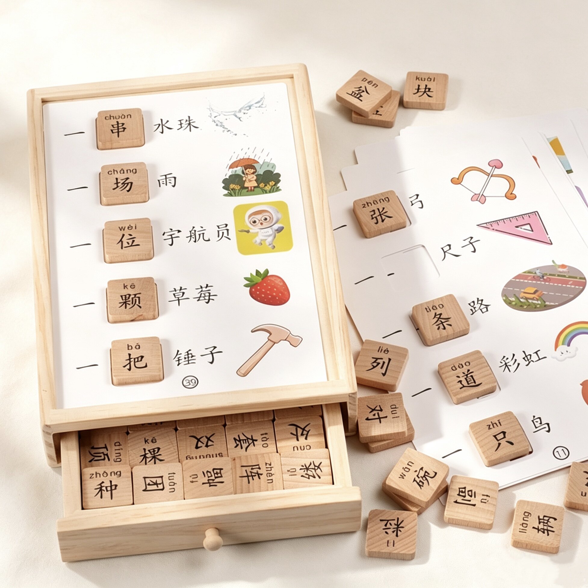 儿童量词配对木制收纳盒看图学习
