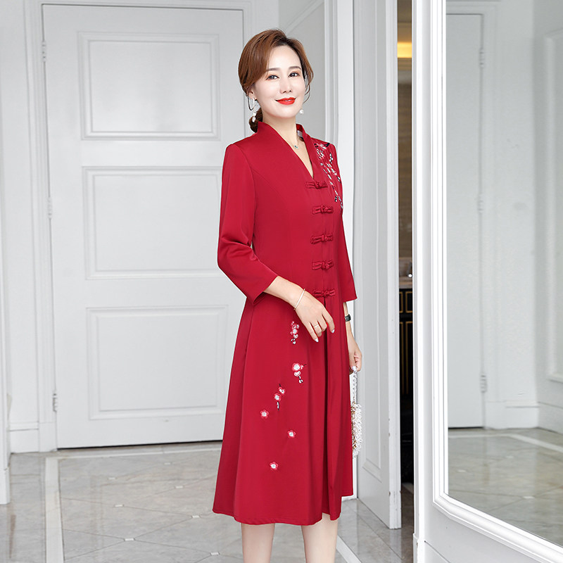 春秋新女装中老年喜妈妈高档绣花长款结婚婚宴礼服婚礼连衣裙长裙