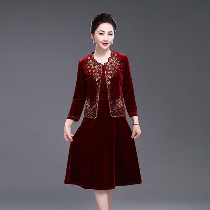 2025秋装喜婆婆金丝绒高端婚宴酒红色两件套礼服结婚妈妈婚礼套装