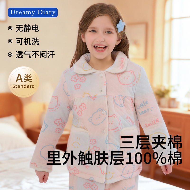 儿童睡衣女孩2025新款女童家居服加厚夹棉里层纯棉冬保暖儿童棉袄