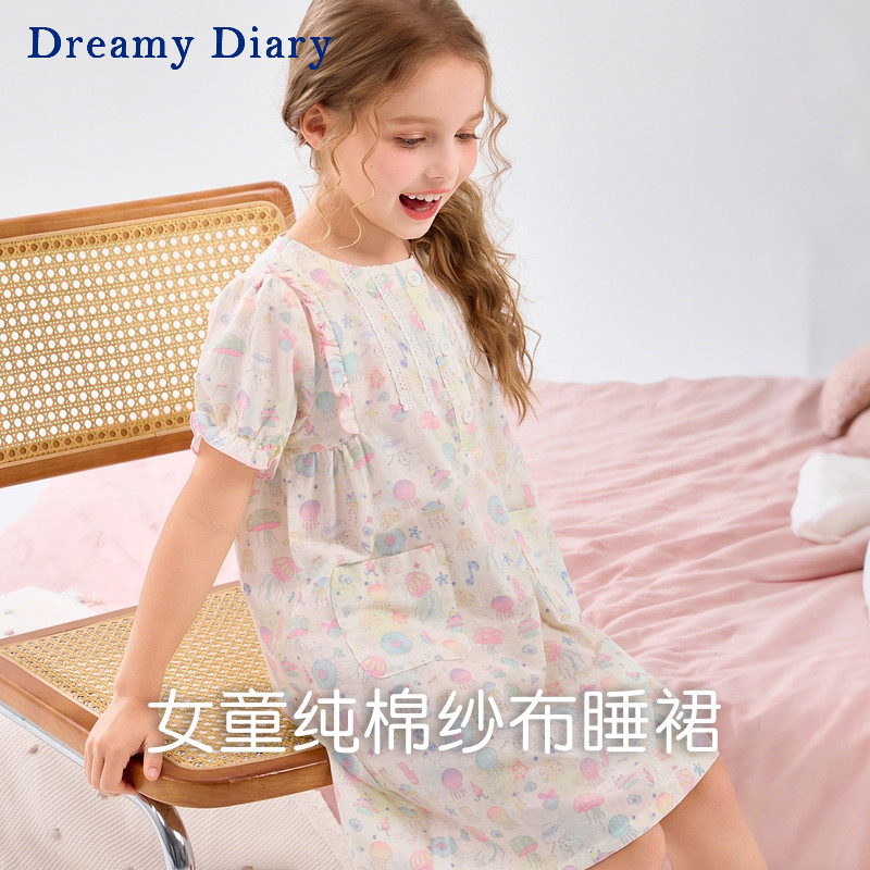 女童纯棉纱布睡裙2026新款春夏季薄款短袖儿童睡衣公主风女孩裙子