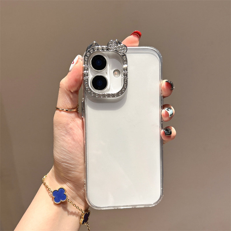 电镀闪钻KT猫耳朵镜框适用于iphone15手机壳16proMAX高级透明14plus简约苹果13水钻保护套12可爱防摔17air女
