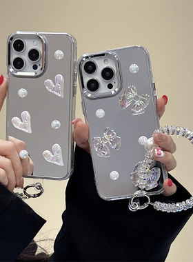 珍珠镭射蝴蝶结小爱心适用于谷歌GooglePixel10手机壳9A电镀镜面Pixel5XL补妆镜子8pro高级感6可爱4A手链7女