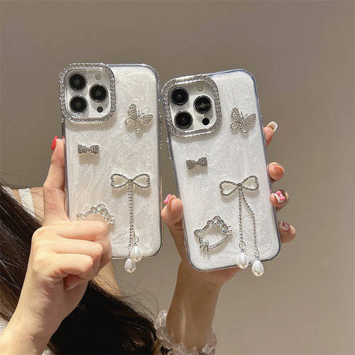 水钻蝴蝶结珍珠吊坠适用于MotorolaG85手机壳摩托罗拉Edge50pro高级感40neo缕空KT猫E22滴胶G04珠光白G13手链