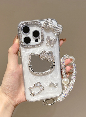 满钻蝴蝶结KT猫镜子适用于MotorolaG85手机壳摩托罗拉Edge50pro水钻镜框40neo补妆镜面E22高级感G04珠光白G13