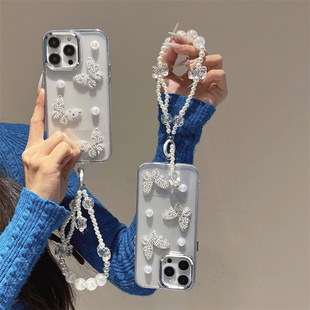 立体珍珠水钻蝴蝶适用谷歌GooglePixel10手机壳9A电镀镜框Pixel5XL透明软壳8pro高级感谷歌6可爱4A手链7潮女