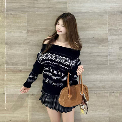 一字肩毛衣裙子两件套装女