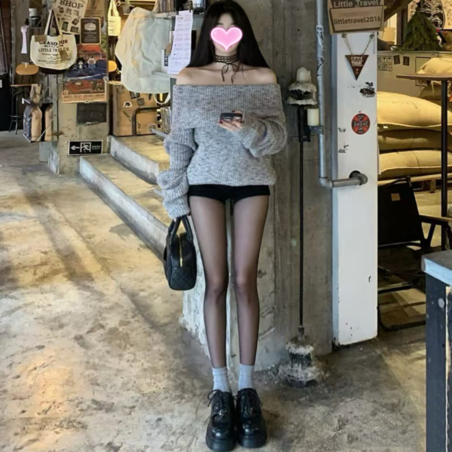 一字肩毛衣短裤两件套装女