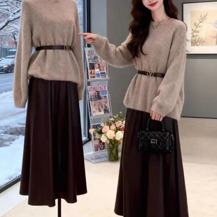 冬装搭配一整套高级感轻熟御姐气质女神范独特漂亮毛衣裙子套装女