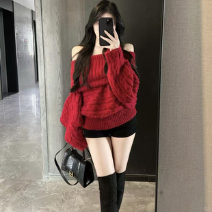 独特漂亮冬装一整套御姐轻熟纯欲风高级感红色毛衣短裤两件套装女
