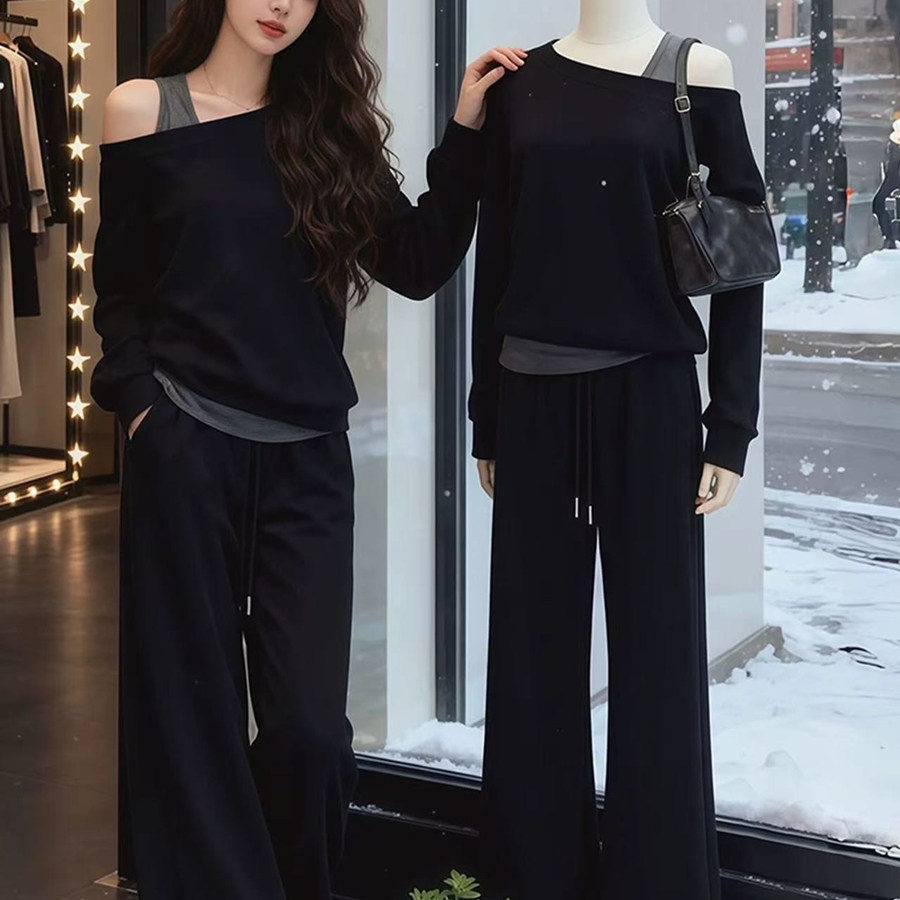 冬装搭配一整套韩版简约高级感御姐气质女神范露肩上衣裤子套装女,女装/女士精品,时尚套装,淘宝优惠券,粉丝福利购,淘宝优惠卷