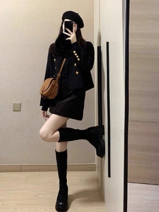 深秋冬装 女 搭配一整套高级感甜辣小香风黑色毛呢外套裙子两件套装