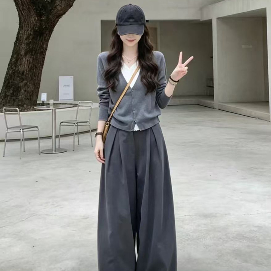 秋装搭配一整套高级感韩系气质休闲巨好看假两件上衣阔腿裤套装女