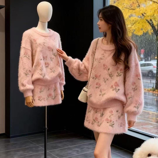 巨好看冬装一整套韩系绝美独特漂亮氛围感针织衫毛衣裙子两件套装