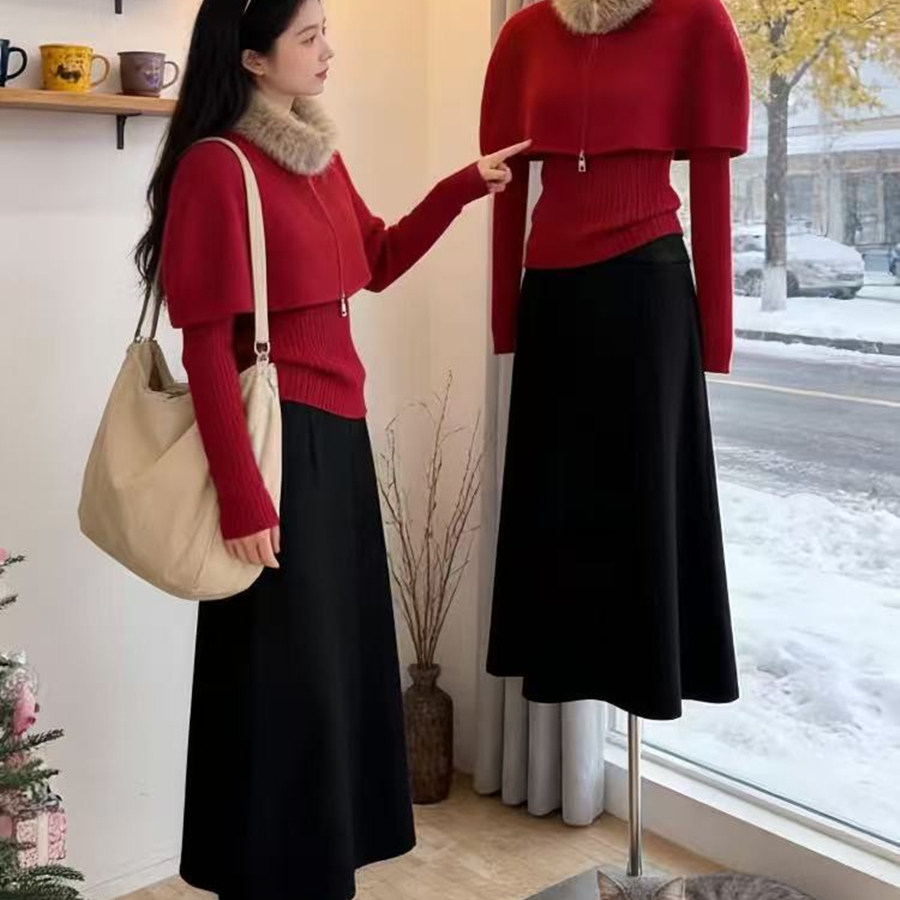 冬装一整套巨好看独特漂亮绝美小香风斗篷披肩针织上衣裙子套装女,女装/女士精品,时尚套装,淘宝优惠券,粉丝福利购,淘宝优惠卷