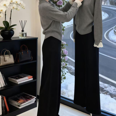 灰色毛衣阔腿裤两件套装女