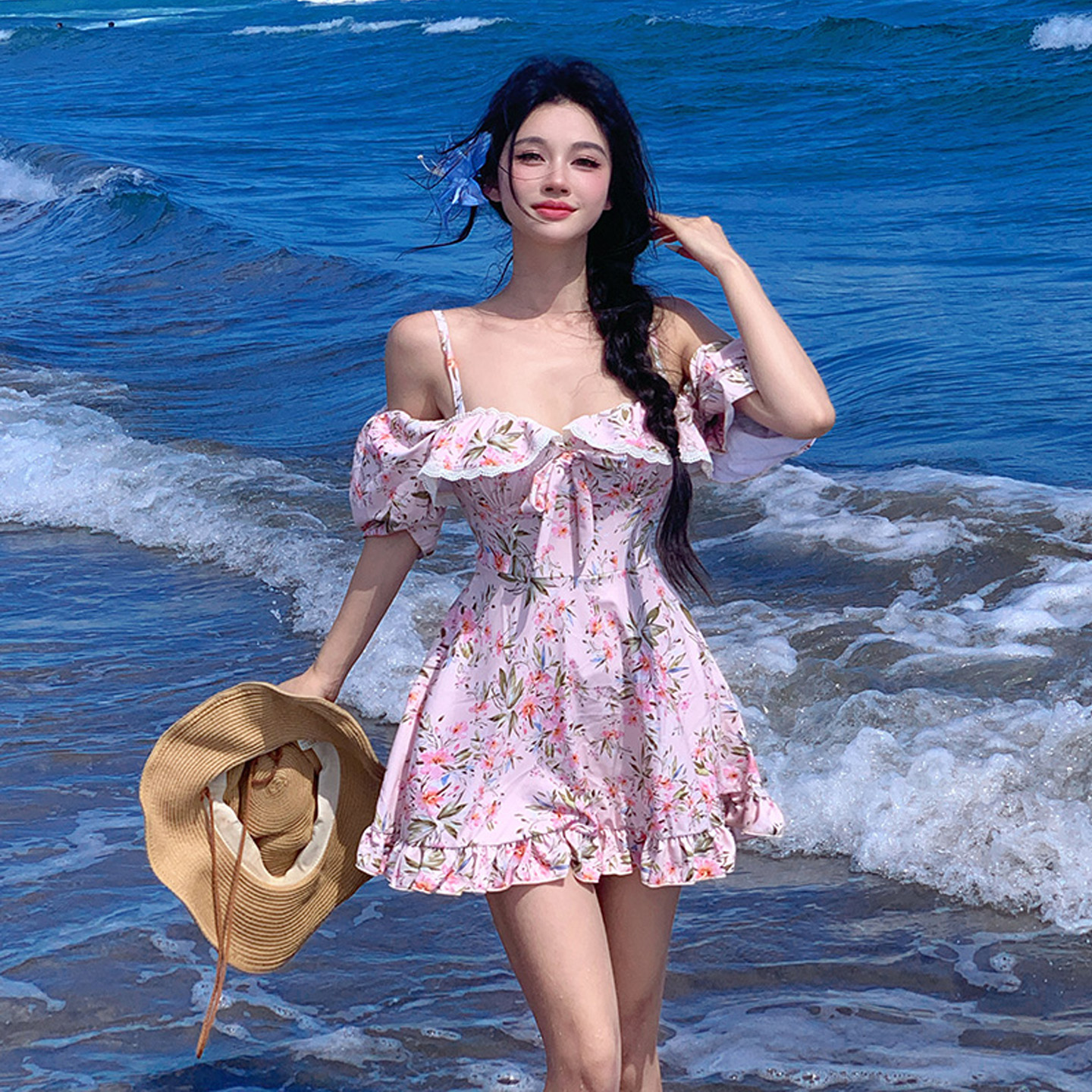 泳衣女连体裙式高级感大码胖mm碎花裙式钢圈大胸泡温泉微胖女孩