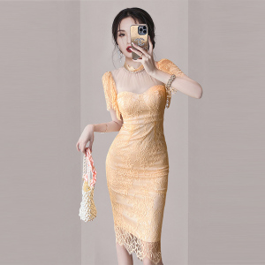 蕾丝网纱拼接包臀连衣裙女2024夏季新款收腰显瘦气质绝美橙色裙子