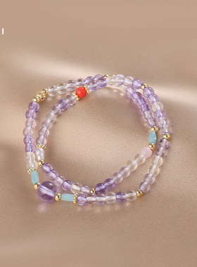 花迹紫色串珠手链女双层叠戴