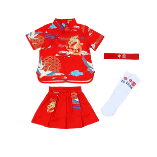 六一儿童中国风演出服幼儿园国潮啦啦队男女童红色蓝球服表演服装
