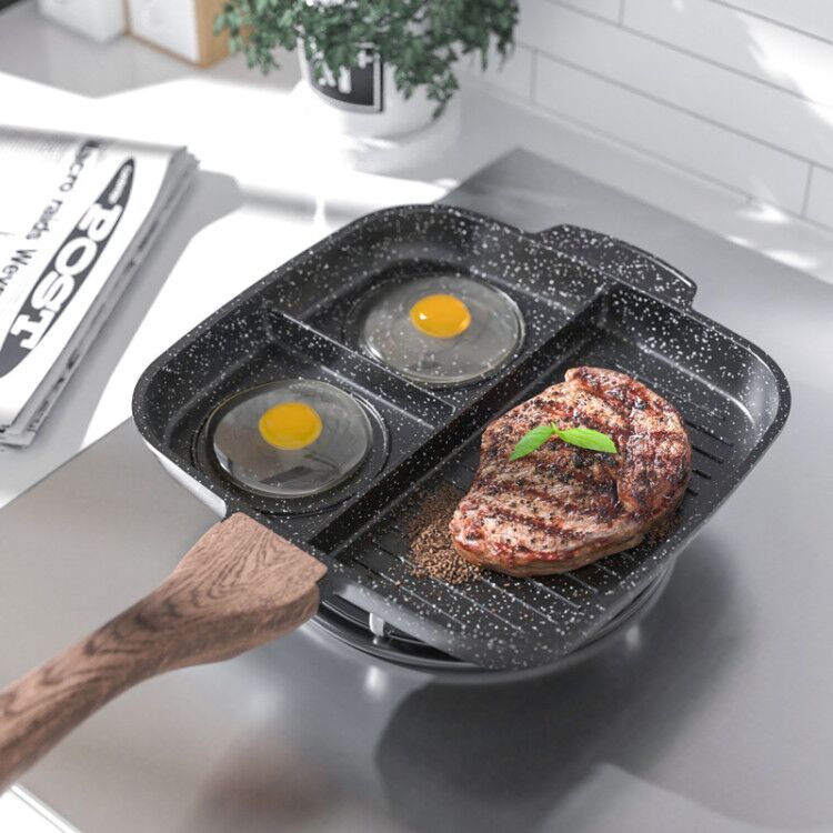 3麦饭石牛排锅煎锅方形条纹多格分格煎牛排专用不粘锅早餐锅三合一