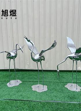 现货不锈钢仙鹤雕塑金属镜面售楼部草坪园林景观装饰火烈鸟可定制
