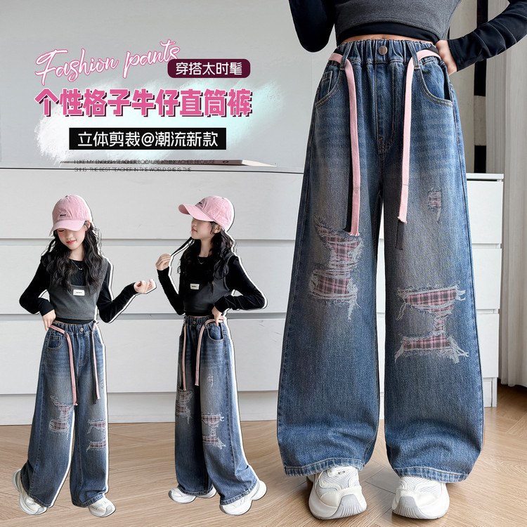 立体剪裁女童破洞补丁牛仔裤韩版洋气松紧腰宽松阔腿裤休闲长裤潮