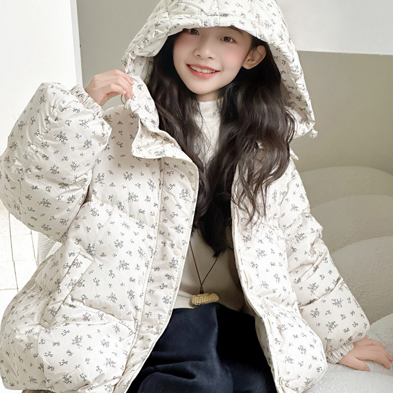 小清新韩系碎花面包服女童羽绒服90白鸭绒连帽加厚外套洋气棉服冬