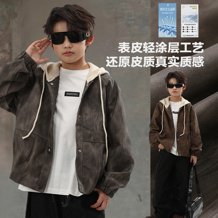 PU皮冬季男童防风夹克皮衣新款韩版洋气棉衣中大童保暖加绒棉服潮