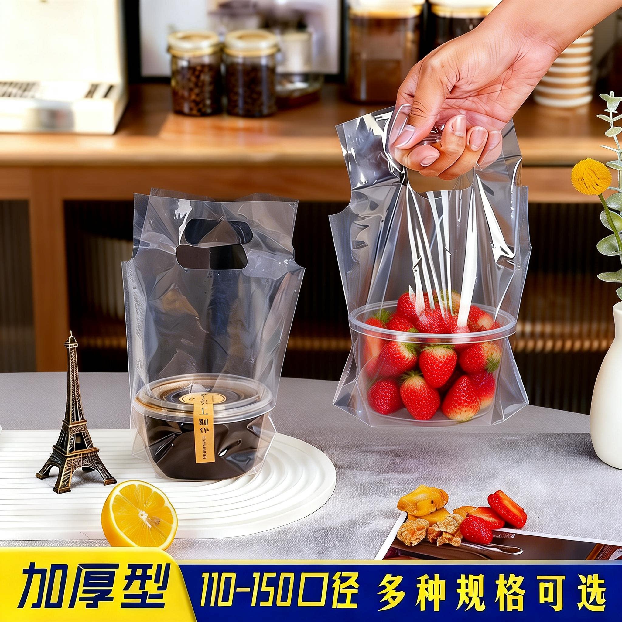 一次性甜品水果捞手提塑料打包袋