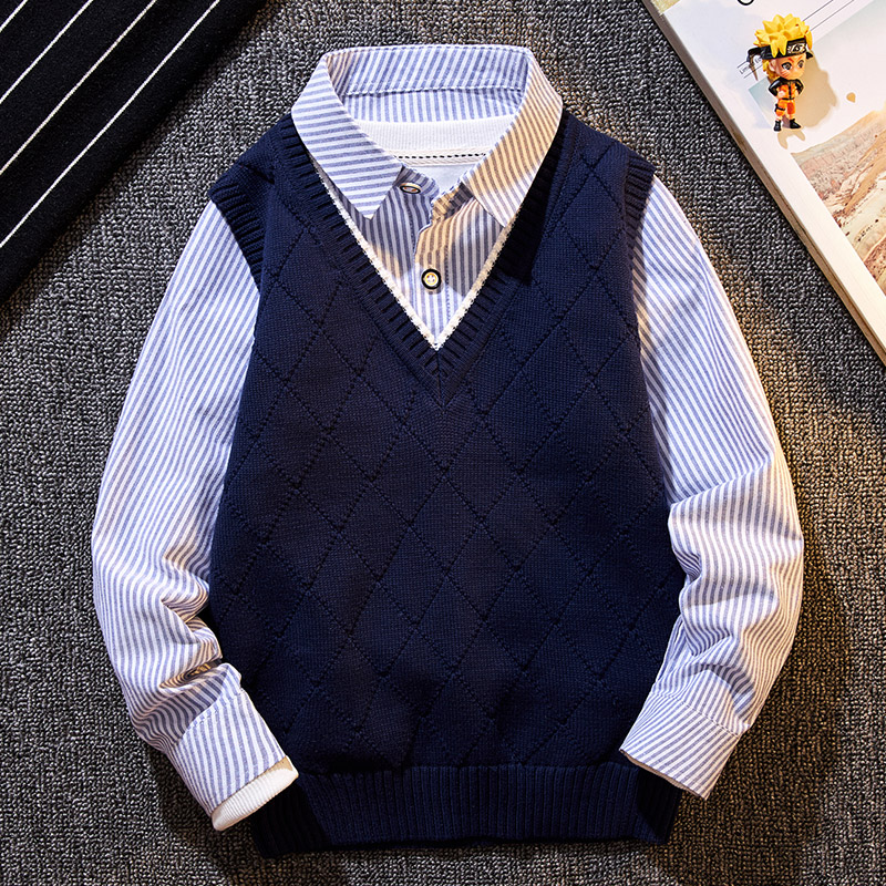 男童衬衫领毛衣假两件