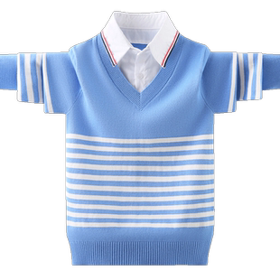 男童毛衣针织衫儿童条纹薄款假两件2026新款韩版中大童纯棉上衣潮