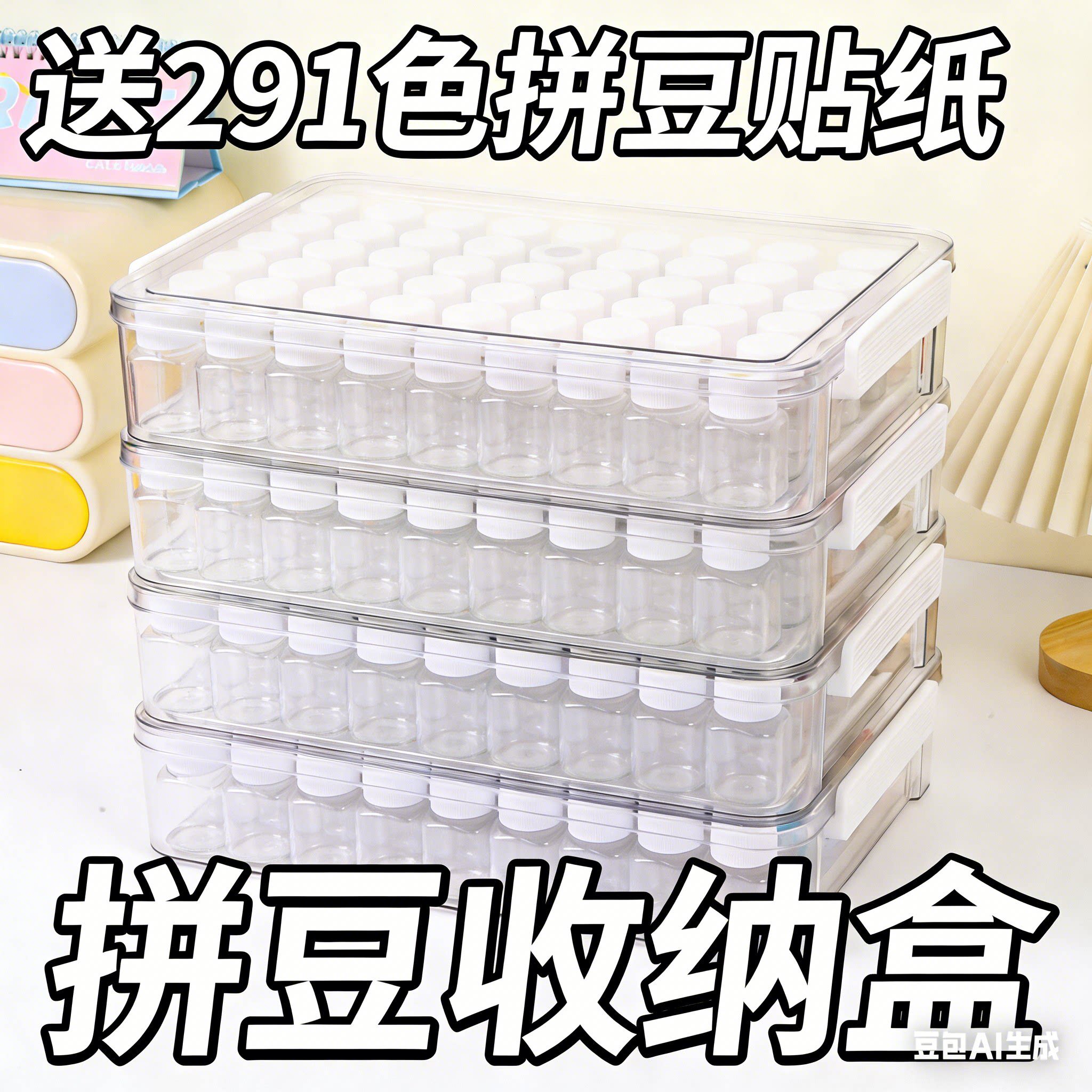 拼豆带盖收纳瓶收纳盒2.6mm豆54色颗粒分装透明方瓶拼豆贴纸套餐