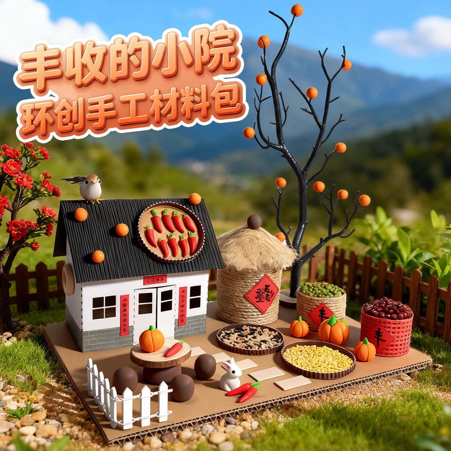 幼儿园亲子手工diy丰收主题制作小屋房子材料包树枝秋收秋天粮仓