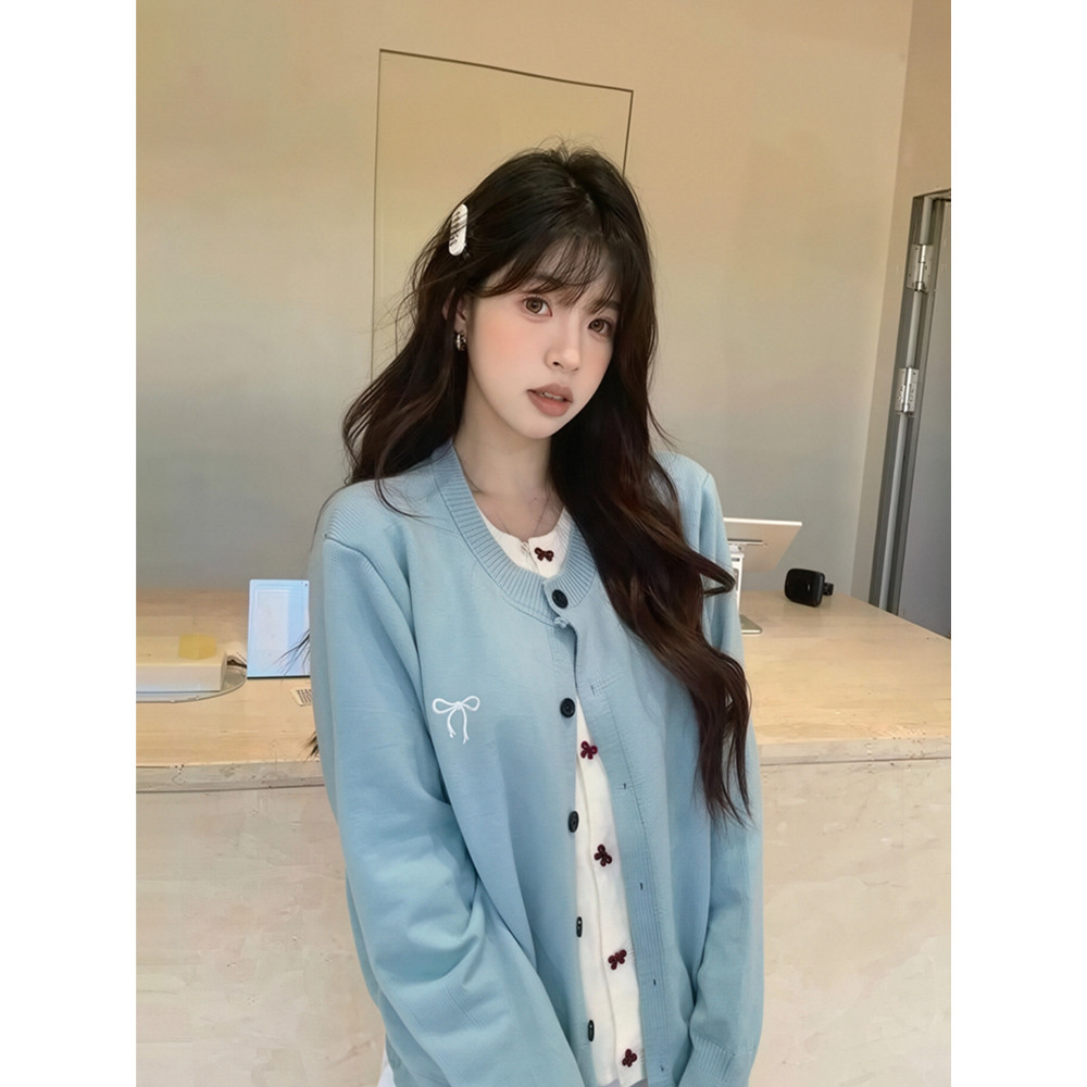 蓝色秋装蝴蝶结刺绣针织开衫毛衣女春秋装洋气假两件时尚上衣