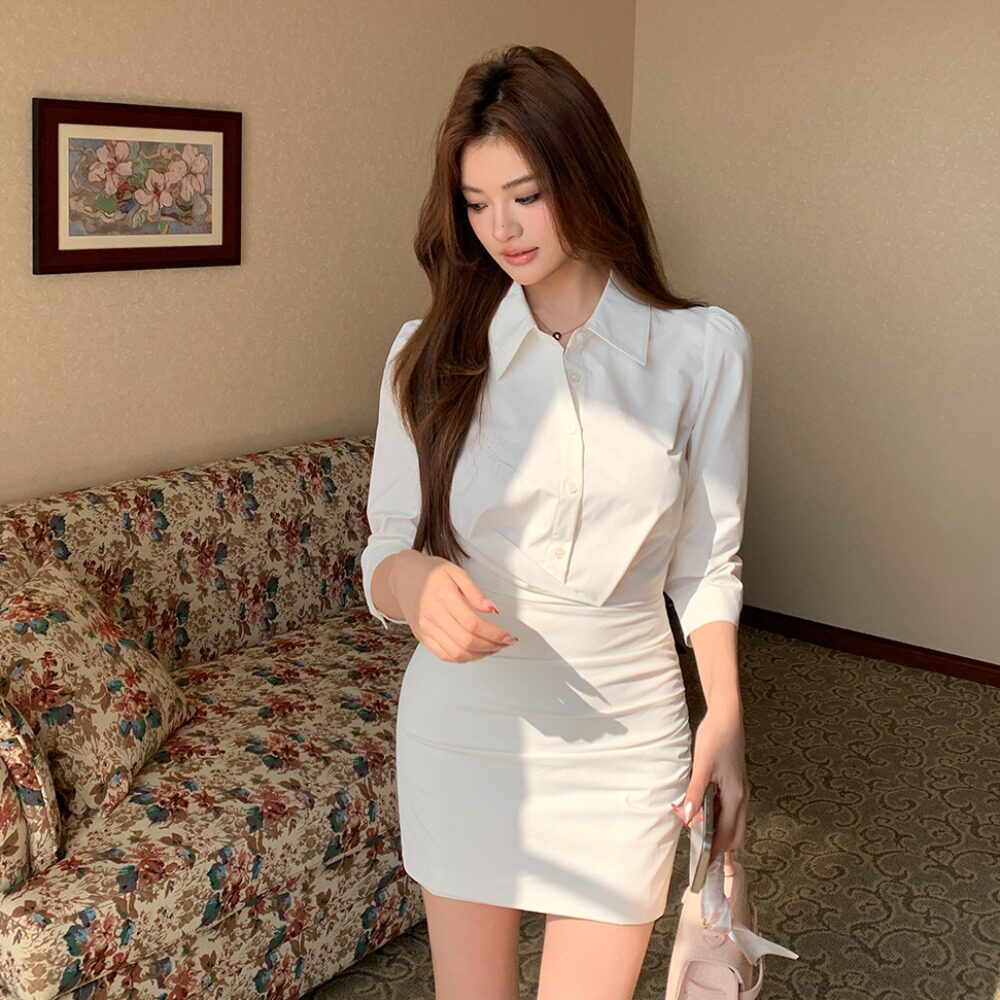秋季新款纯白色七分袖显瘦气质通勤连衣裙女衬衫包臀短裙