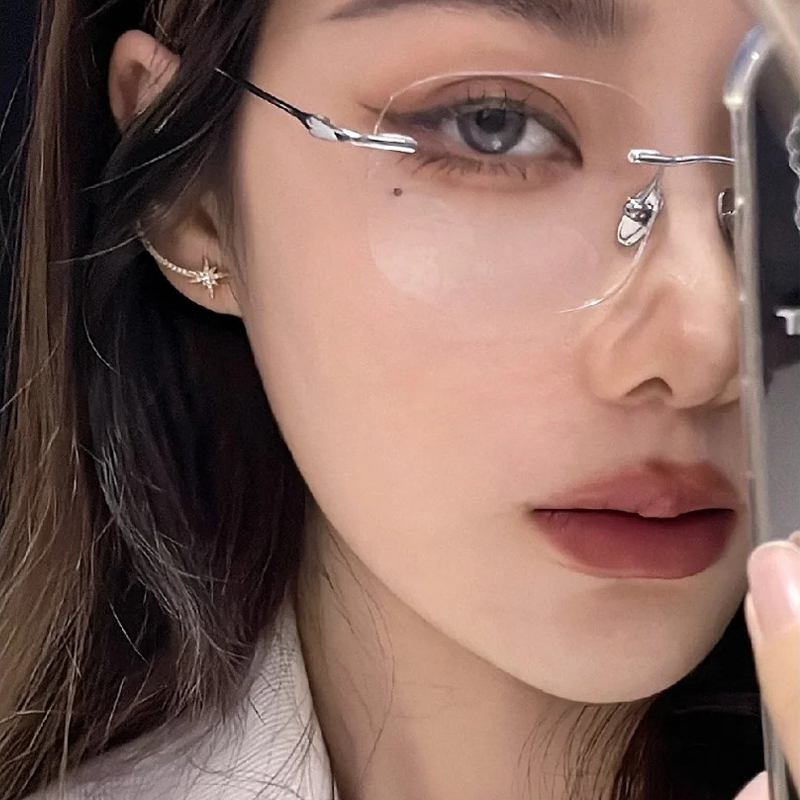 无框纯欲复古眼镜女款潮切边舒适