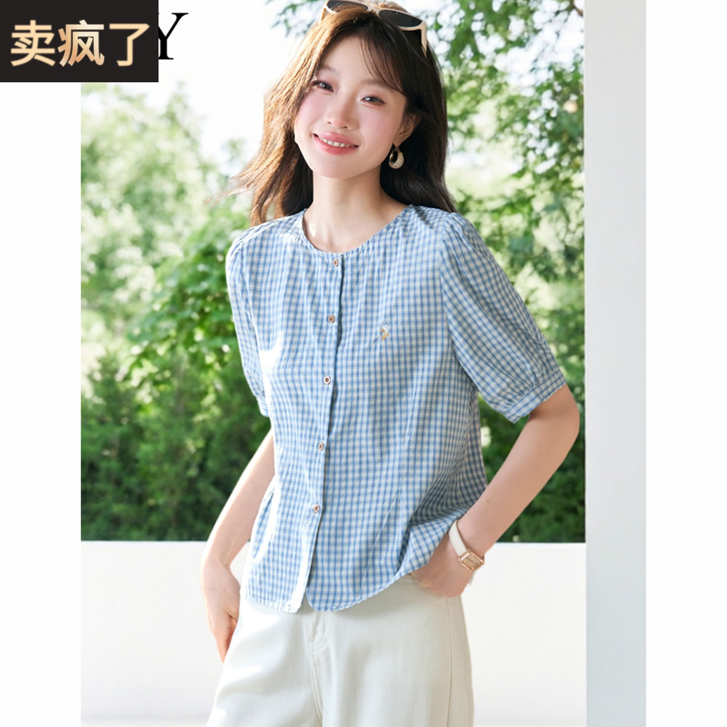2026夏天新款100%纯棉文艺范格子减龄衬衫经典洋派刺绣短袖上衣女