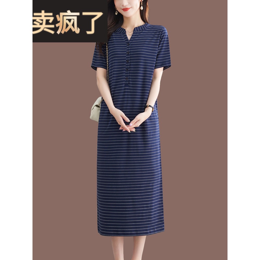 纯棉短袖t恤裙子长款过膝女款夏季薄T气质妈妈宽松休闲条纹连衣裙
