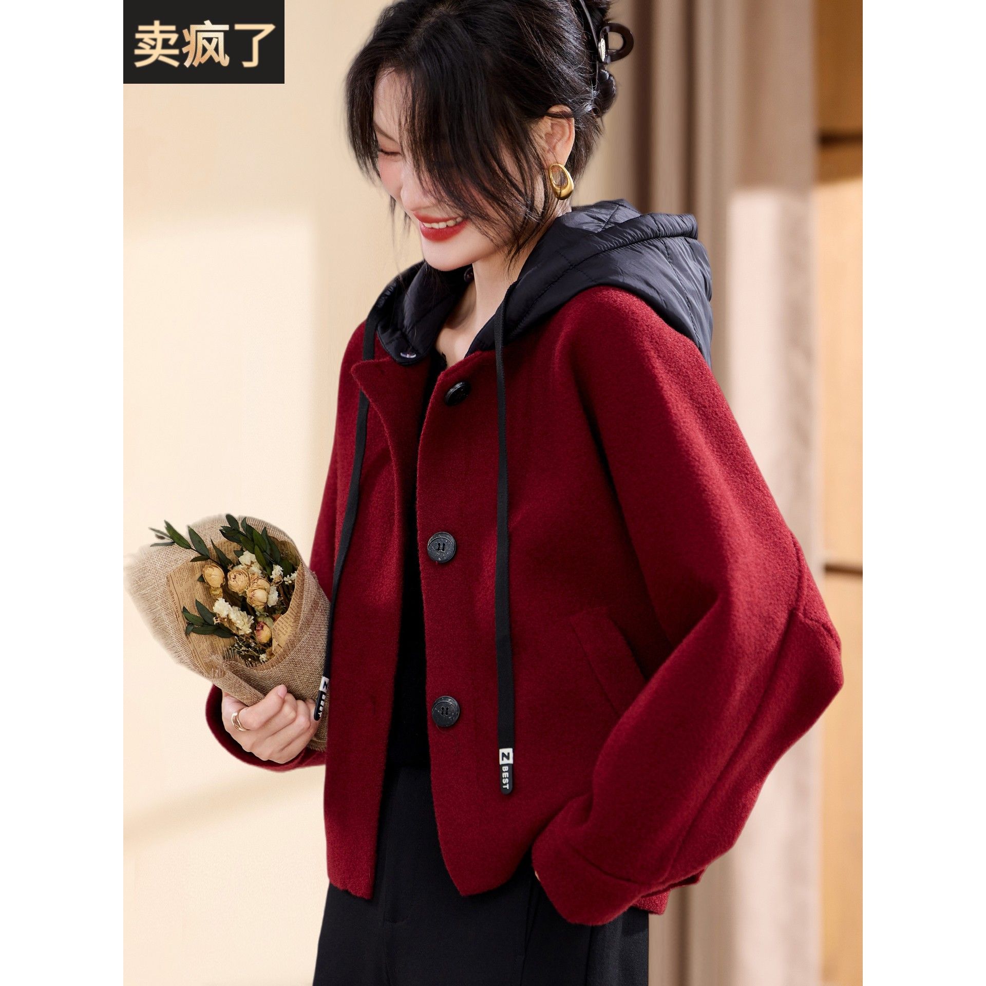 喜卉妈妈冬装针织开衫连帽毛呢外套中老年女装小个子洋气宽松上衣