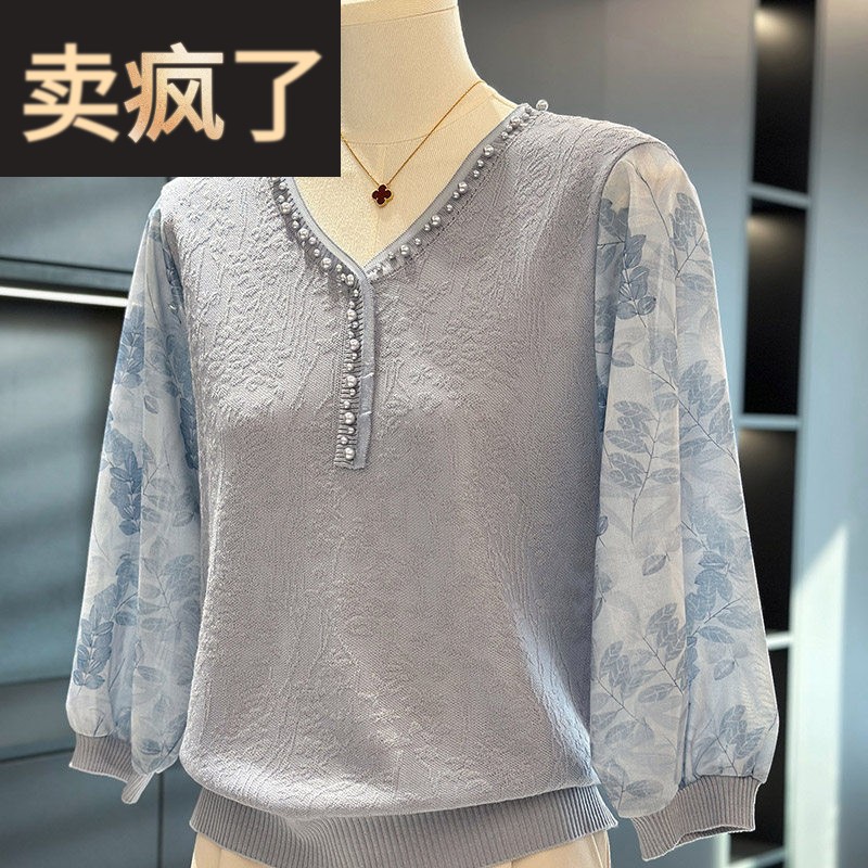 时尚洋派雪纺针织衫女妈妈装春装新款上衣百搭休闲中老年人打底衫