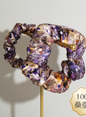 真丝22姆米桑蚕丝印花紫色大肠发圈复古法式发绳头发饰绳无痕皮筋