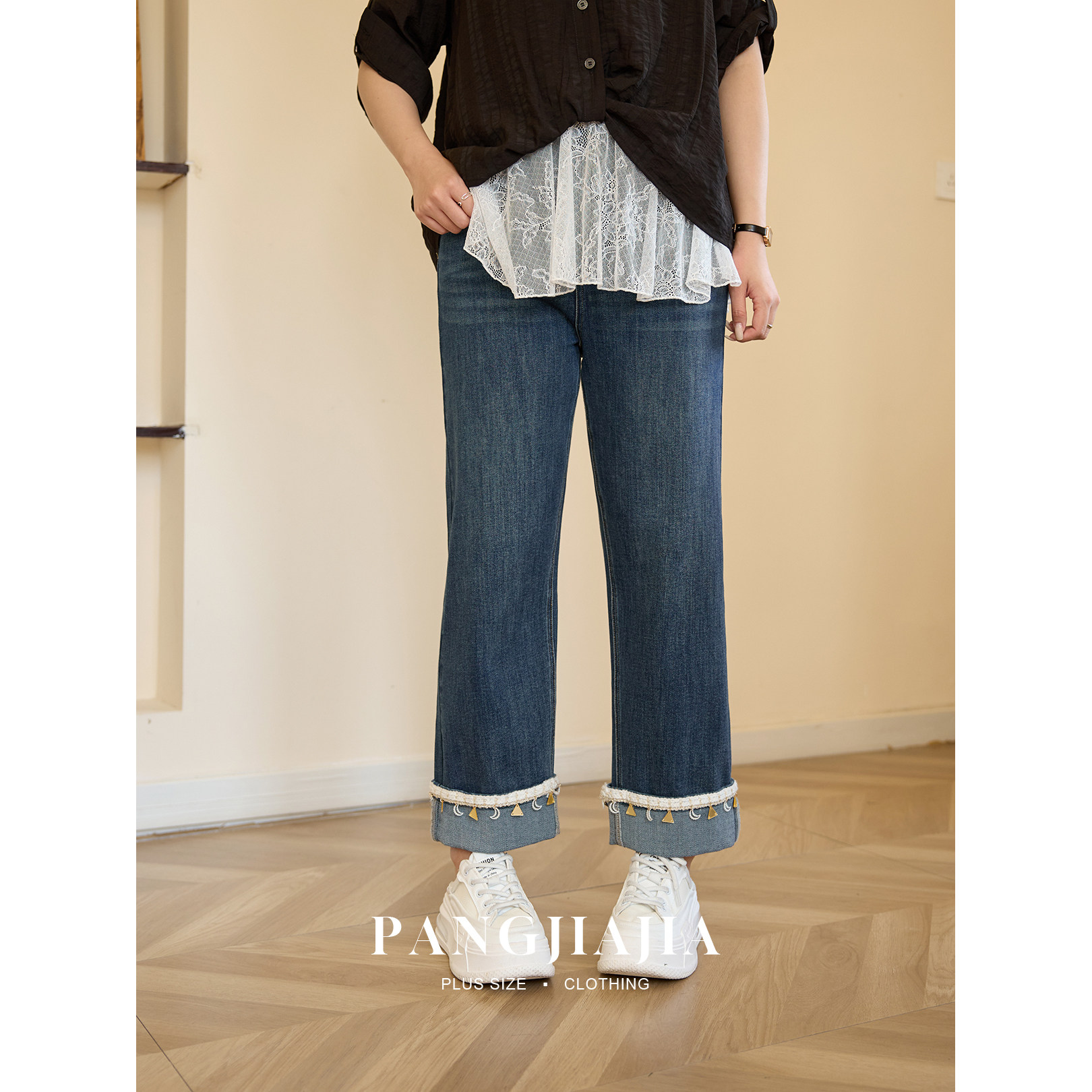 【胖佳佳】胖mm大码女装追光裤牛仔裤春夏显瘦百搭设计感高弹长裤