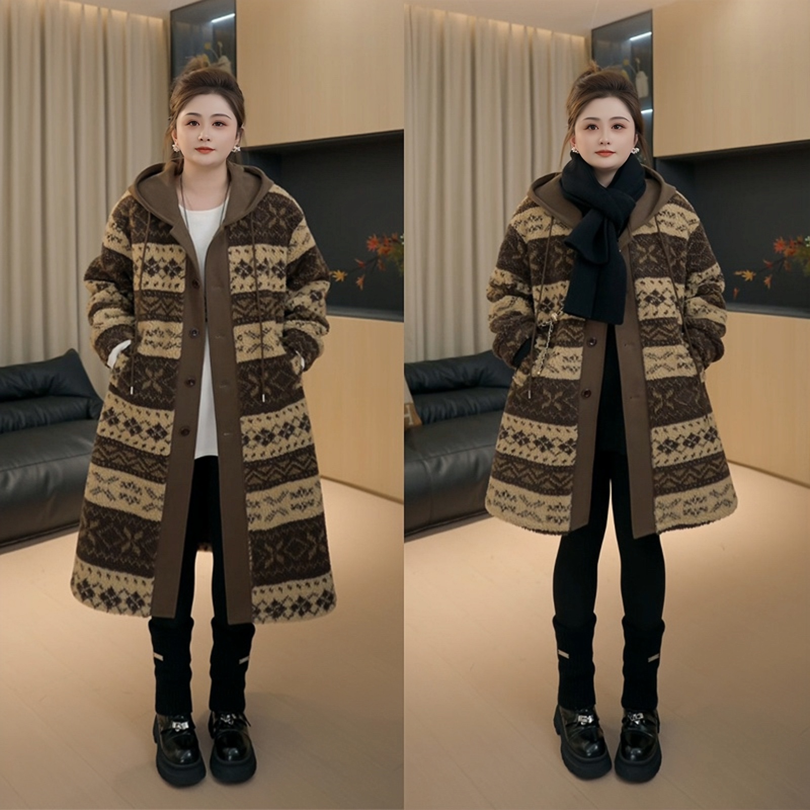 【胖佳佳】麋鹿森林 冬季新款高级假两件加厚羔毛提花连帽外套女