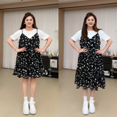 【胖佳佳】蝴蝶效应 假两件短袖连衣裙显瘦雪纺印花裙H624Q07084