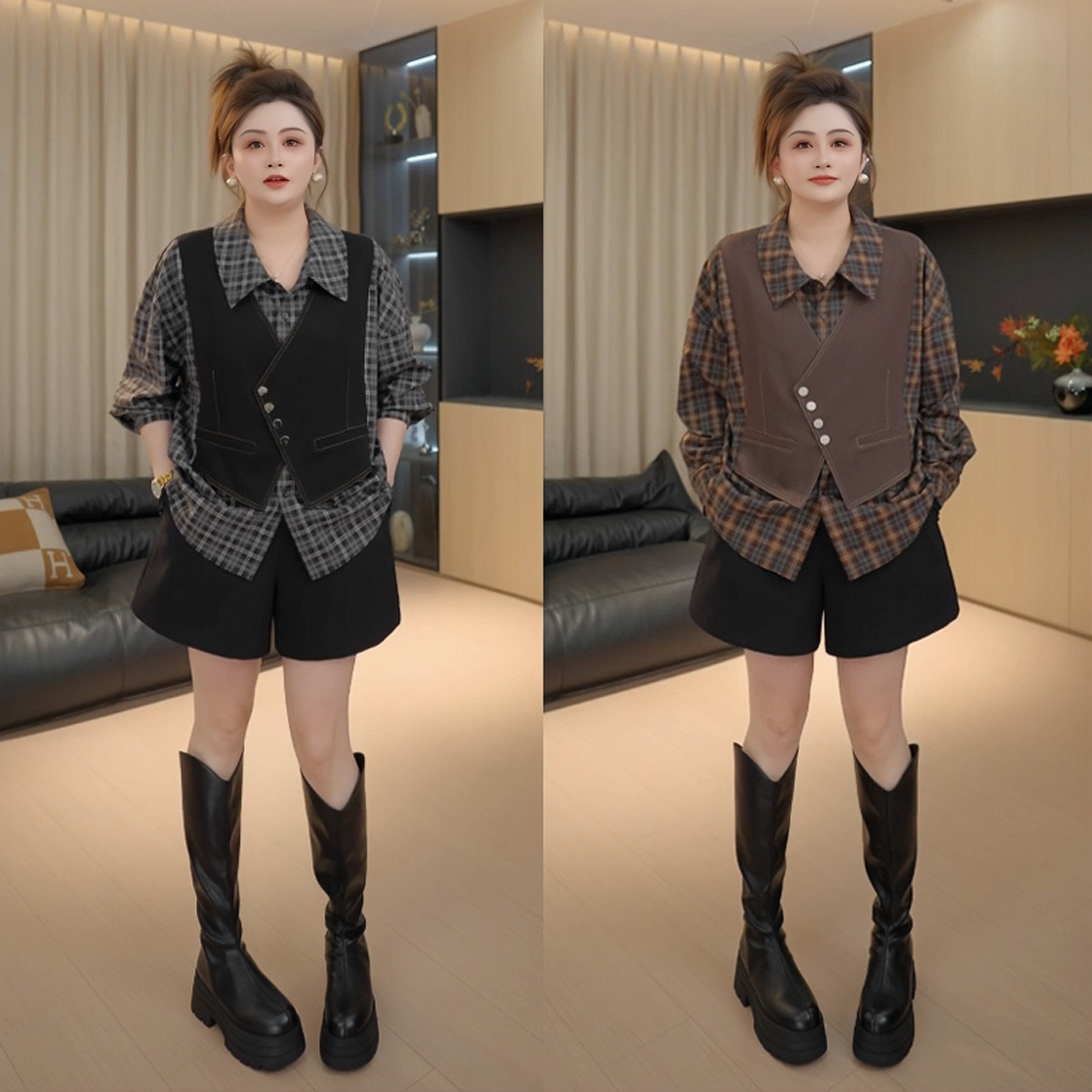 【胖佳佳】松弛调 2025秋季时尚显瘦假两件马甲拼接格外衬衫女