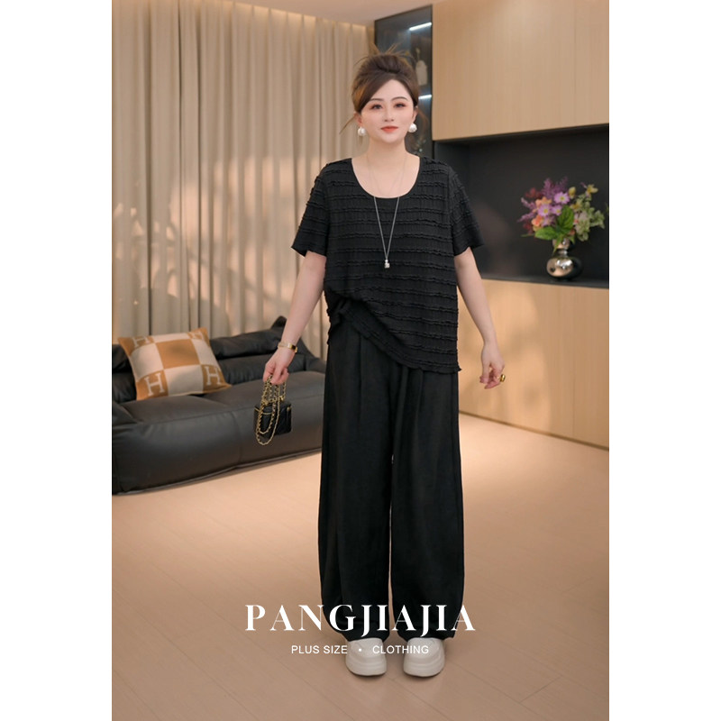 【胖佳佳】胖mm大码女装柔雾T恤夏季气质休闲肌理感短袖蕾丝上衣